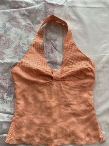 Cute Orange Gingham Halter Top
