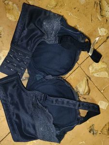 Elegant Navy Blue Lace Trim Padded Bra