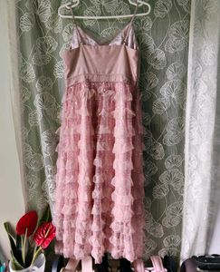 korean Pink Tiered Ruffle Midi Dress