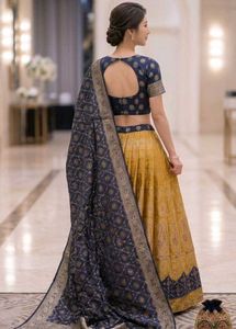 Yellow  &amp; blue Lehenga Choli with stiched Blouse