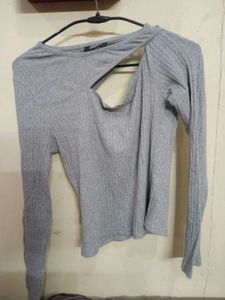 Grey Long Sleeve Cut-out Top