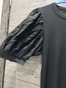 Black Puff Sleeve Ribbed Dress