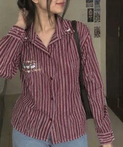 Striped Button-Up Shirt with Embroidery❣️