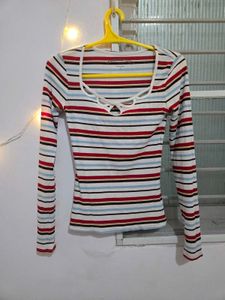 Striped Cut-Out Neck Long Sleeve Top
