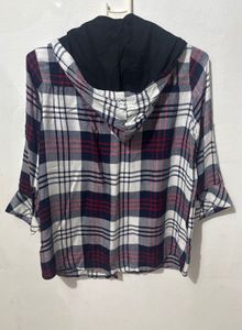 Plaid Button-Up Top with Hoodie