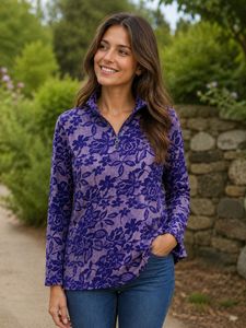 Imported Brand New Purple Floral Quarter Zip Top