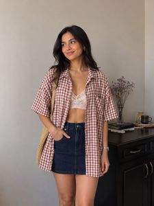 brown and white ghingham shirt