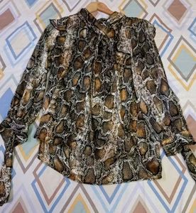 Chic Zara Snake Print Ruffle Tie-Neck Top