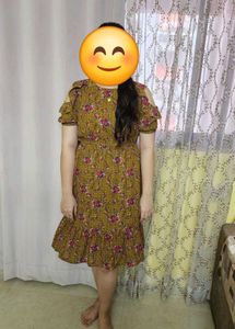 Pretty & Stylish Mustard Floral Cold Shoulder Dr