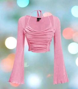 Pink Ruched Long Sleeve Crop Top