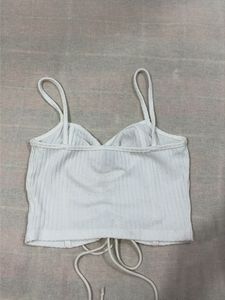 White Ribbed Lace-Up Crop Top