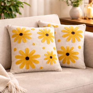 Embroidered Yellow Flower Cushion Cover- Set of 2