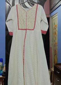 White Chikankari Kurta with Red Embellishments