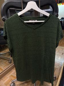 Green Ribbed V-Neck T-Shirt