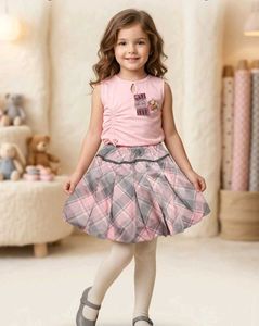 Adorable Pink & Grey Plaid Skirt Set