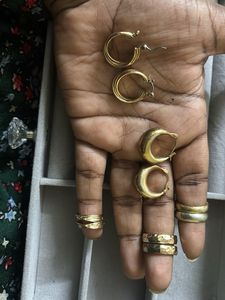 Gold Tone Hoop Earrings &amp; Rings Set
