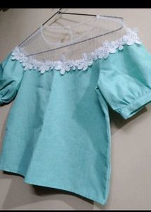 Aqua Blue Off-Shoulder Top with Lace Detail