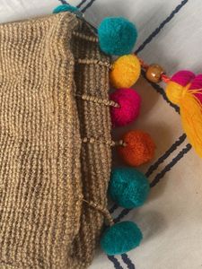 Cute Pom-Pom Jute Pouch
