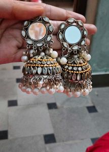 Mirror Jhumka Earrings with Pearl Detail