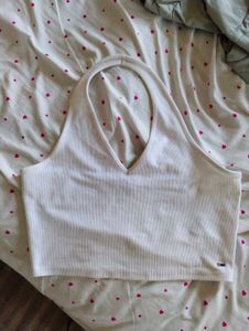 TOMMY HILFIGER White Ribbed Halter Neck Crop Top