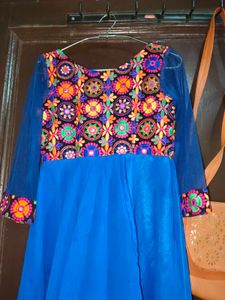Elegant Embroidered Blue Ethnic Gown and bag free