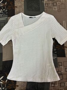 White Textured Asymmetrical Top