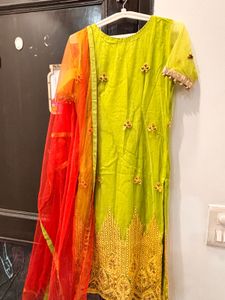 Stunning Lime Green Kurta Set with Red Dupatta