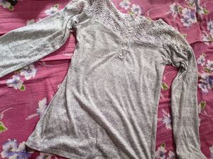 Gray Long Sleeve Lace Top