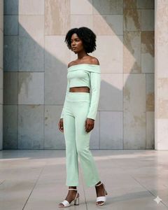 SHEIN Mint Off-Shoulder Crop Top &amp; Pants Set