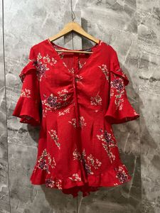 Chic Red Floral Ruffle Dress