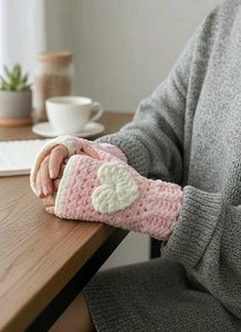 Handmade fingerless Pink Heart Crochet handwarmer