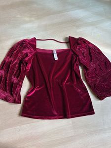 Velvet Puff Sleeve Square Neck Top