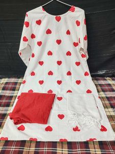 White Kurta Set with Red Hearts