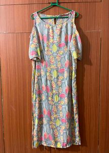 Grey Leaf Print Cold Shoulder Kurta