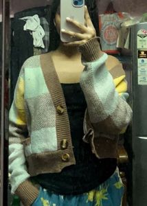 Brown Checkered Knit Cardigan