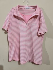 Pink Striped Quarter Zip Polo Shirt (good for gym