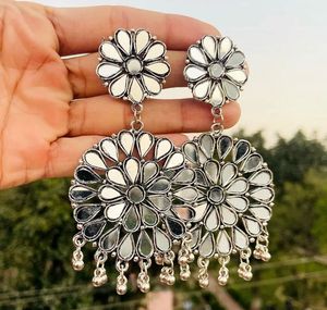 Oxidized Mirror Work Flower Earrings