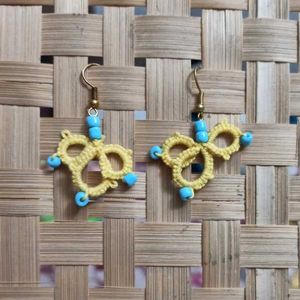 Handmade Yellow Tatted Earrings with Blue Beads