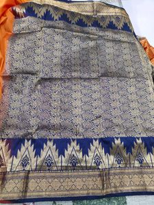 Orange and navy blue Silk Saree with Golden Border