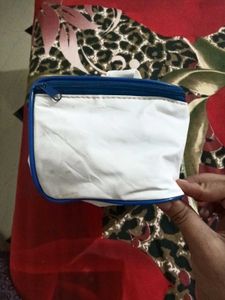 White Travel Pouch with Blue Trim