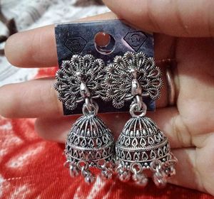 Oxidized Silver Peacock Jhumka Earrings