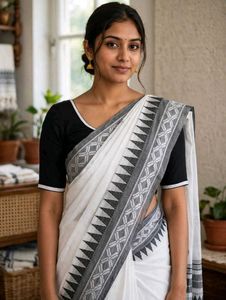 White Saree with weaving Geometric Border