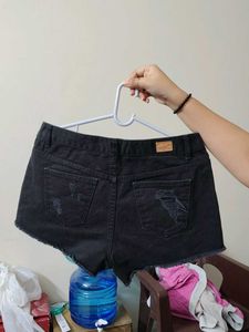 Distressed Black Denim Shorts