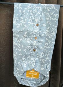 Men's Blue Leaf Print Short Kurta