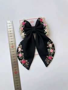 Embroidered Pearl Bow Hair Clip