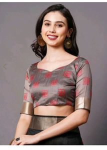 Elegant Black Saree with Red &amp; Grey Motifs