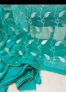 new Elegant Teal saree with Leaf Embroidery