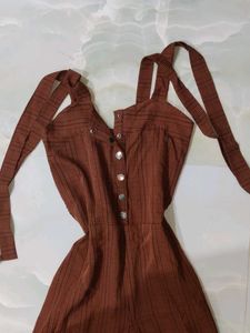 Brown Plaid Jumpsuit with Buttons