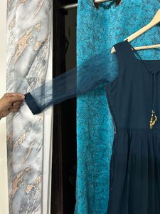 Elegant Teal Net Sleeve Gown