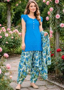 White Kurta with Floral Print Bottoms